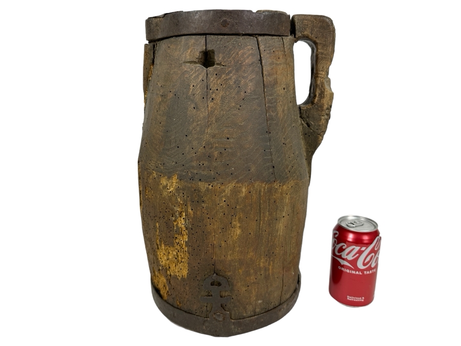 Primitive Wooden And Wrought Iron Pitcher Vessel With Writing On The Side 9'W X 16'H [Photo 2]