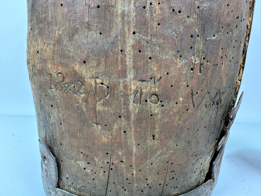 Primitive Wooden And Wrought Iron Pitcher Vessel With Writing On The Side 9'W X 16'H [Photo 8]