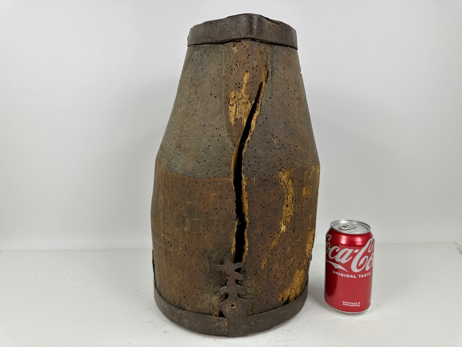 Primitive Wooden And Wrought Iron Pitcher Vessel With Writing On The Side 9'W X 16'H [Photo 6]