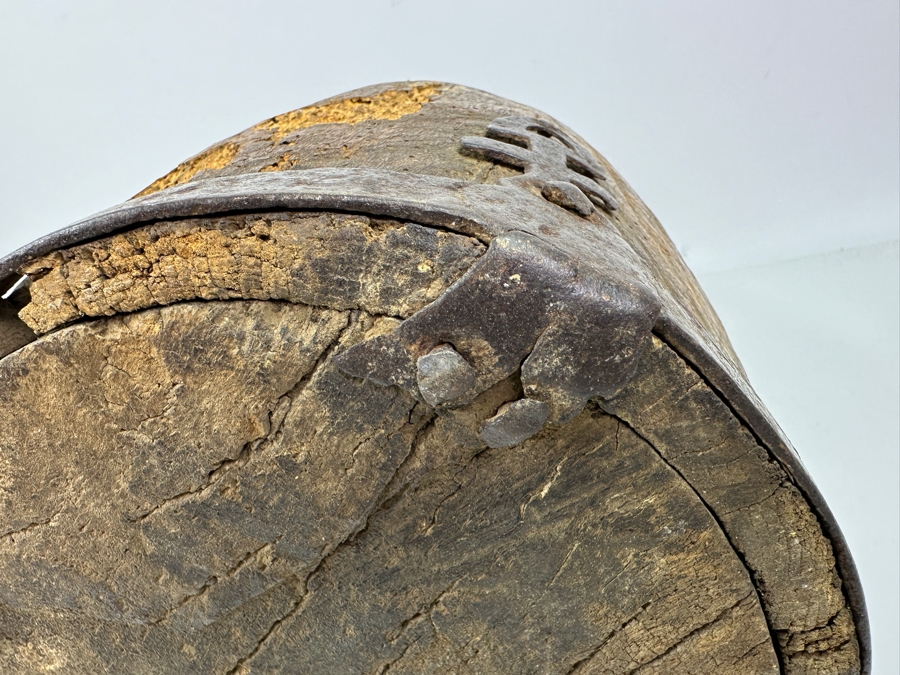 Primitive Wooden And Wrought Iron Pitcher Vessel With Writing On The Side 9'W X 16'H [Photo 23]