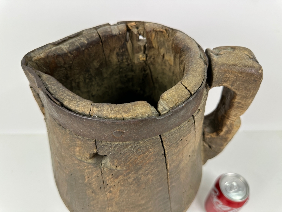 Primitive Wooden And Wrought Iron Pitcher Vessel With Writing On The Side 9'W X 16'H [Photo 5]