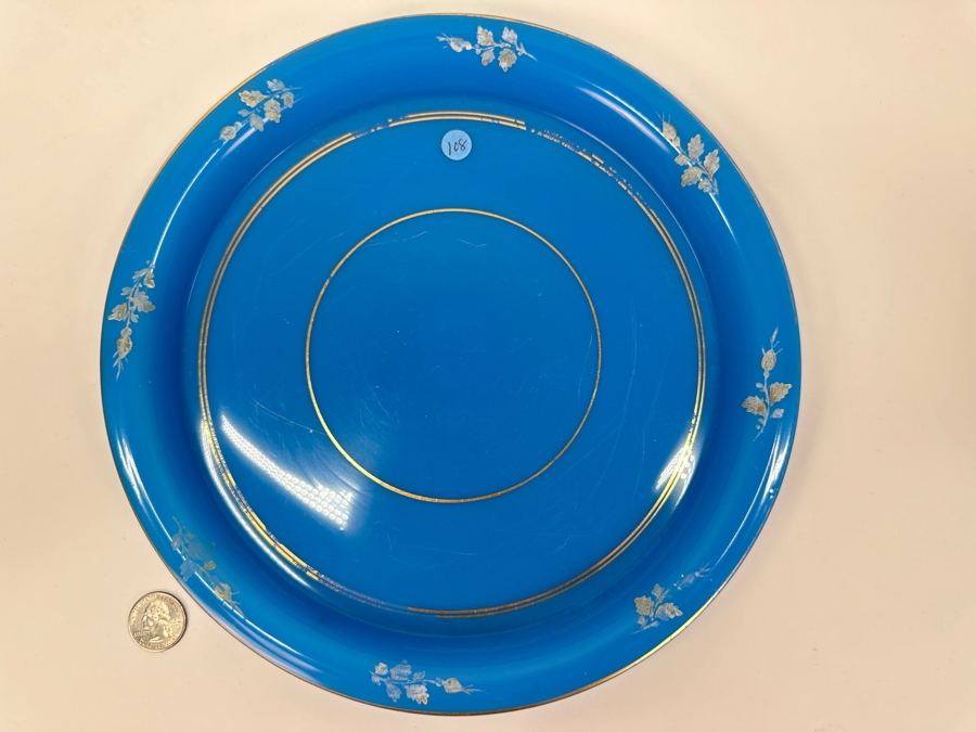Antique Opaline Glass: Blue Round Tray With Gold & White Decor 10.75'W Appraised $275 [Photo 5]