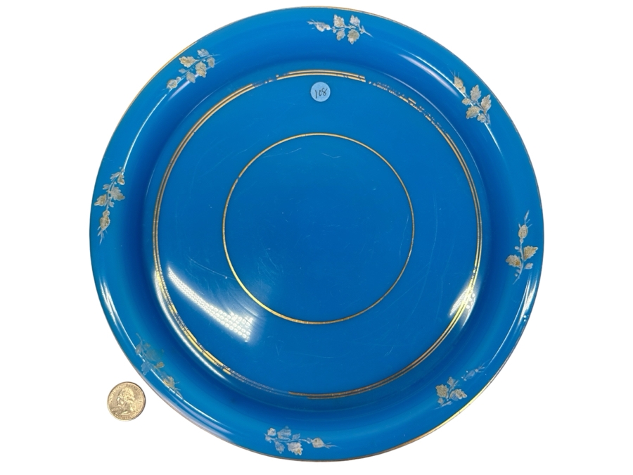 Antique Opaline Glass: Blue Round Tray With Gold & White Decor 10.75'W Appraised $275 [Photo 1]
