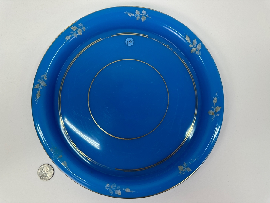 Antique Opaline Glass: Blue Round Tray With Gold & White Decor 10.75'W Appraised $275 [Photo 4]