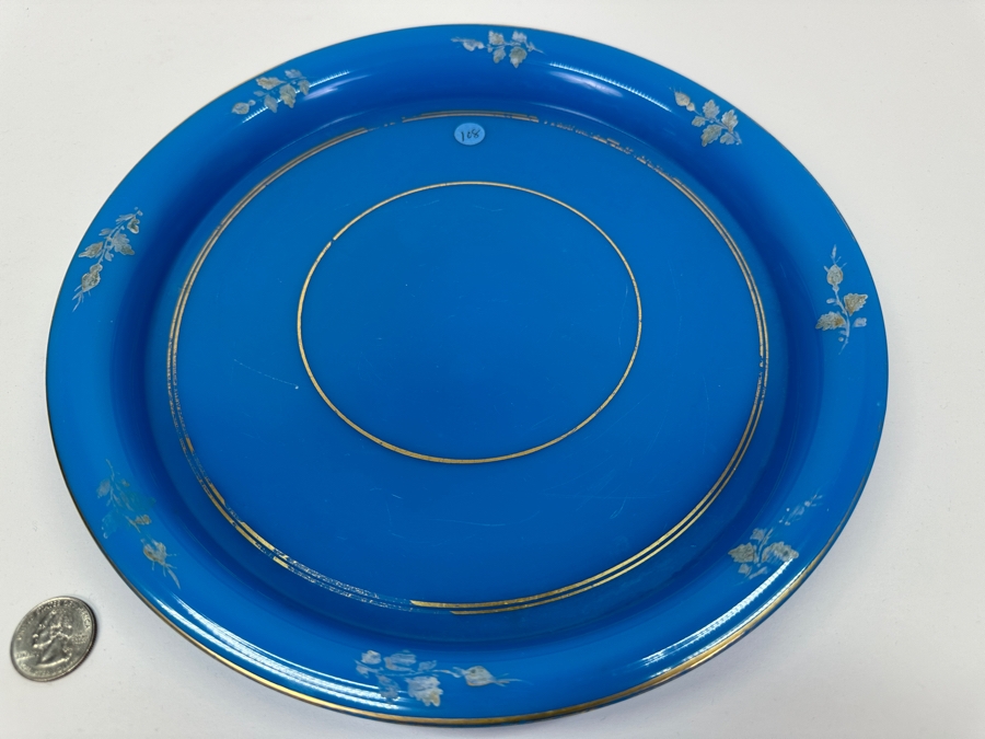 Antique Opaline Glass: Blue Round Tray With Gold & White Decor 10.75'W Appraised $275 [Photo 3]