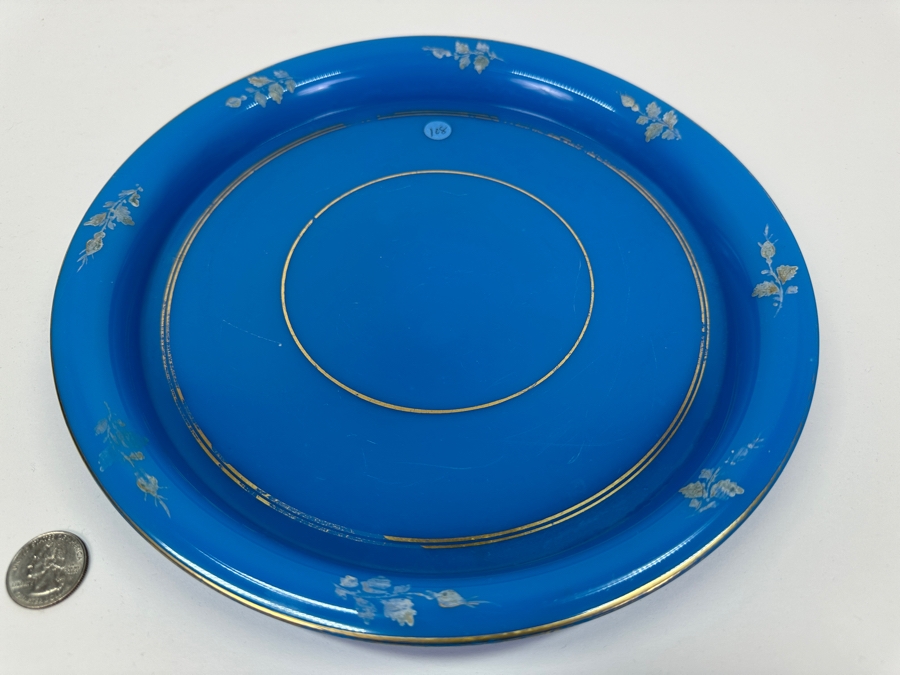 Antique Opaline Glass: Blue Round Tray With Gold & White Decor 10.75'W Appraised $275 [Photo 2]
