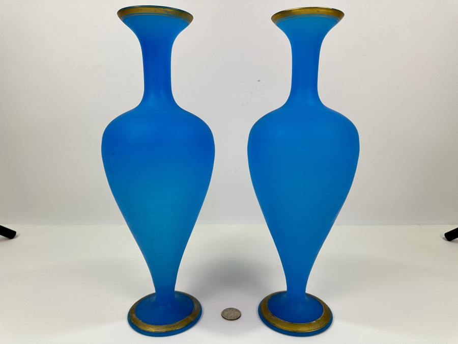 Antique Opaline Glass: Pair Of Tall Blue Matte Finish Vases With Gold Decor 13.5'H Appraised $325 [Photo 2]