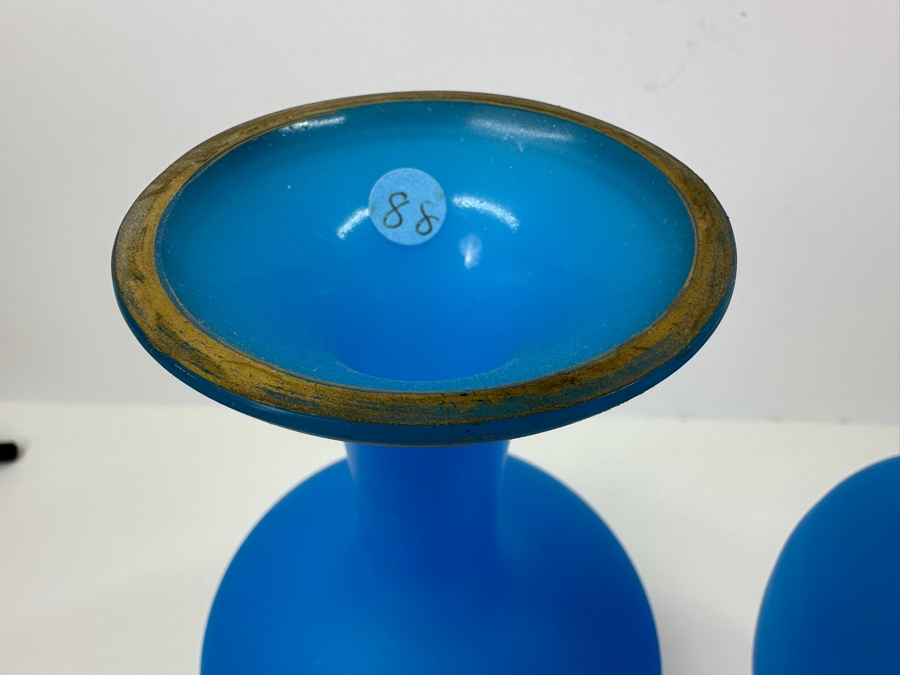 Antique Opaline Glass: Pair Of Tall Blue Matte Finish Vases With Gold Decor 13.5'H Appraised $325 [Photo 4]