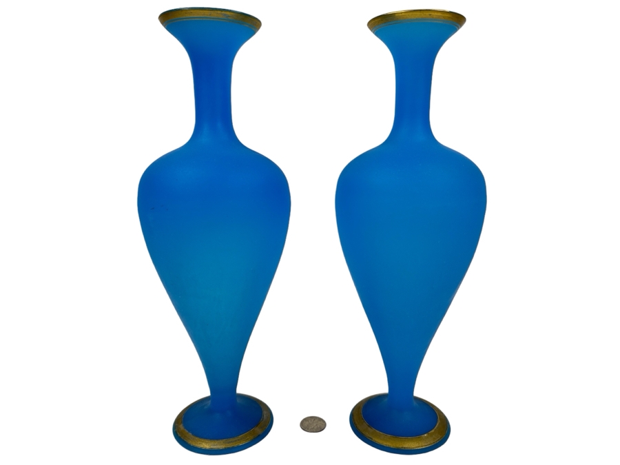 Antique Opaline Glass: Pair Of Tall Blue Matte Finish Vases With Gold Decor 13.5'H Appraised $325 [Photo 1]