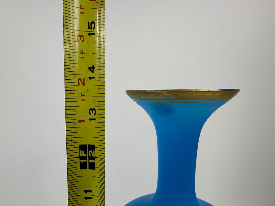 Antique Opaline Glass: Pair Of Tall Blue Matte Finish Vases With Gold Decor 13.5'H Appraised $325 [Photo 8]
