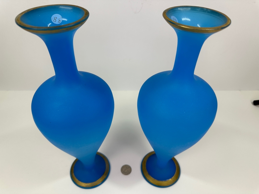 Antique Opaline Glass: Pair Of Tall Blue Matte Finish Vases With Gold Decor 13.5'H Appraised $325 [Photo 3]