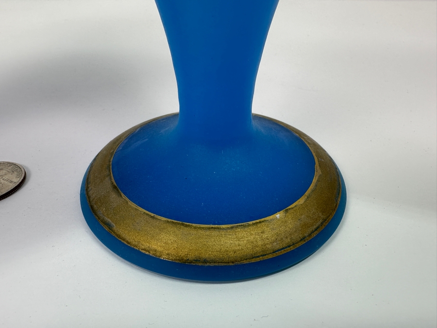 Antique Opaline Glass: Pair Of Tall Blue Matte Finish Vases With Gold Decor 13.5'H Appraised $325 [Photo 5]