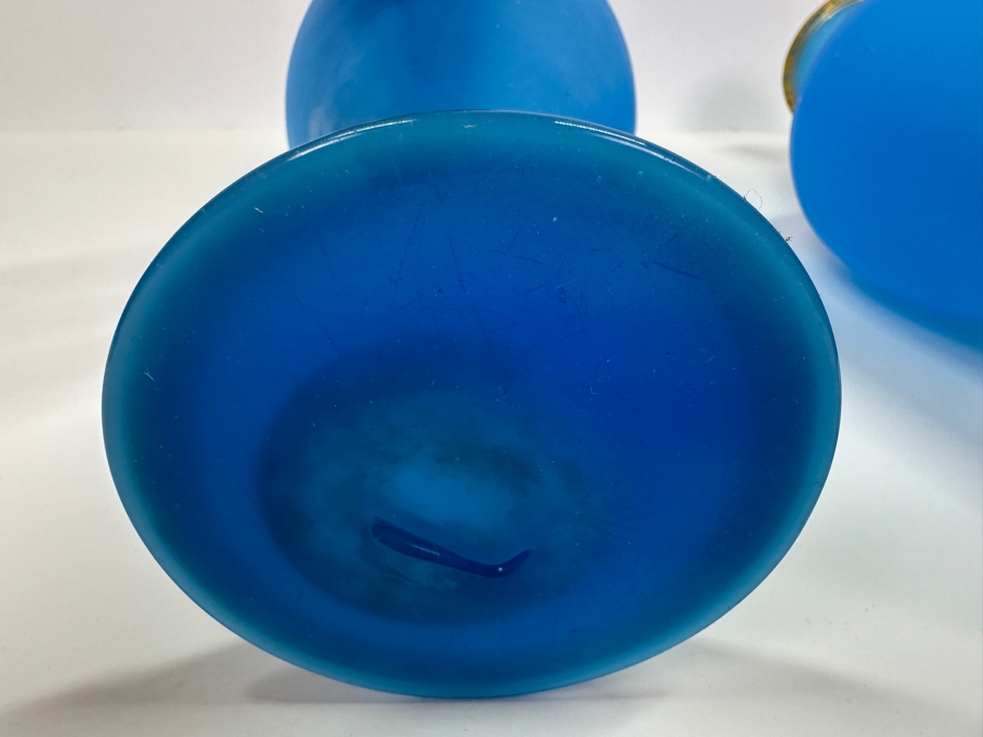 Antique Opaline Glass: Pair Of Tall Blue Matte Finish Vases With Gold Decor 13.5'H Appraised $325 [Photo 6]