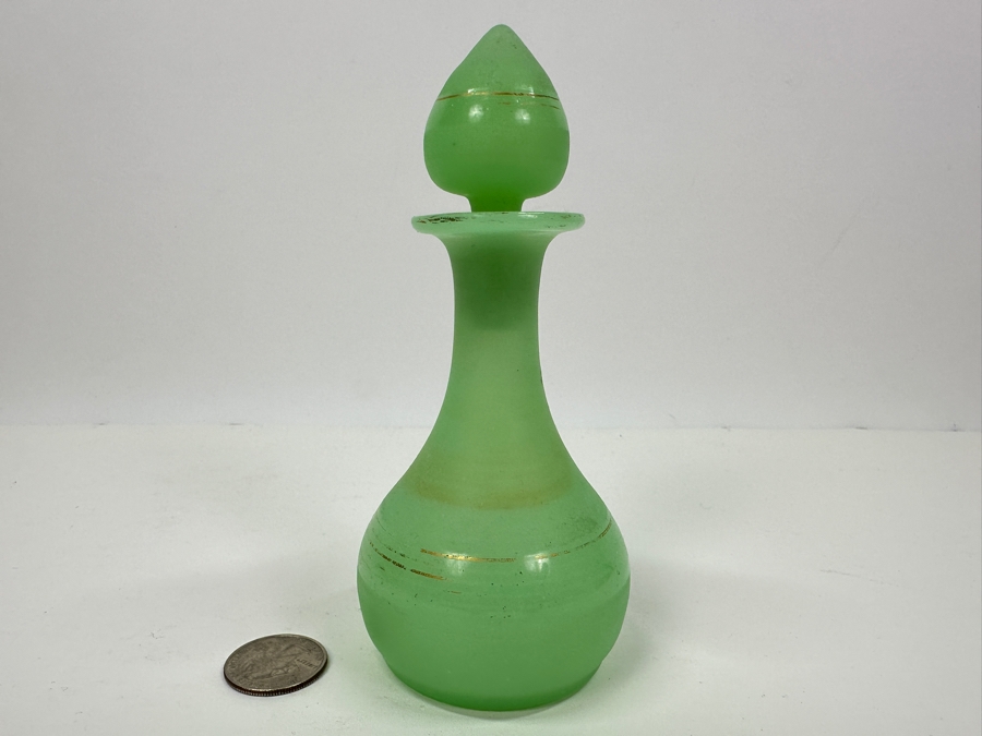 Antique Opaline Glass: Green Perfume Bottle With Stopper 5.75'H Appraised $40 [Photo 2]