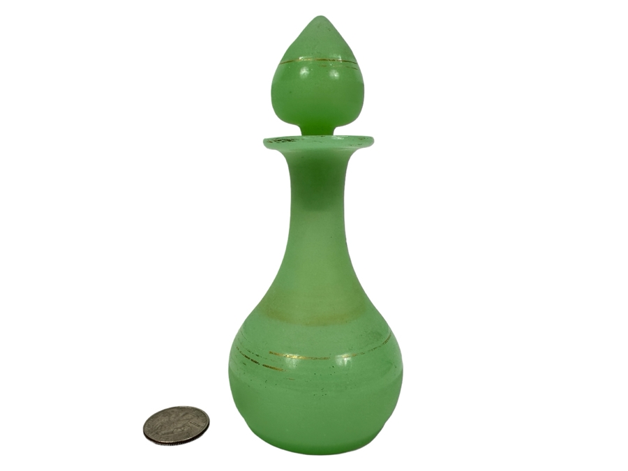 Antique Opaline Glass: Green Perfume Bottle With Stopper 5.75'H Appraised $40 [Photo 1]