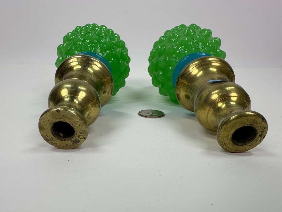 Antique Opaline Glass: Pair Of Green & Blue Newel Posts Boule D'Escalier Ou Boule De Reampe 8.5'L Client Paid $500 [Photo 6]