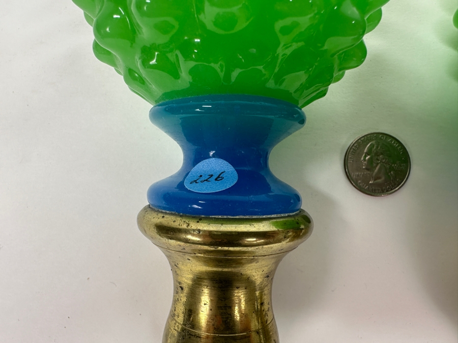 Antique Opaline Glass: Pair Of Green & Blue Newel Posts Boule D'Escalier Ou Boule De Reampe 8.5'L Client Paid $500 [Photo 3]