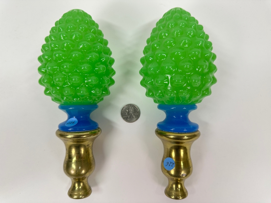 Antique Opaline Glass: Pair Of Green & Blue Newel Posts Boule D'Escalier Ou Boule De Reampe 8.5'L Client Paid $500 [Photo 2]