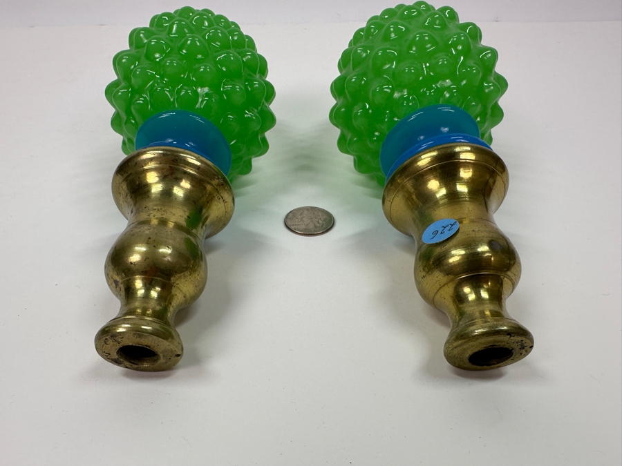 Antique Opaline Glass: Pair Of Green & Blue Newel Posts Boule D'Escalier Ou Boule De Reampe 8.5'L Client Paid $500 [Photo 5]