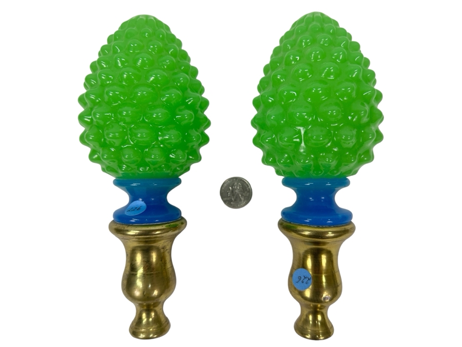 Antique Opaline Glass: Pair Of Green & Blue Newel Posts Boule D'Escalier Ou Boule De Reampe 8.5'L Client Paid $500 [Photo 1]