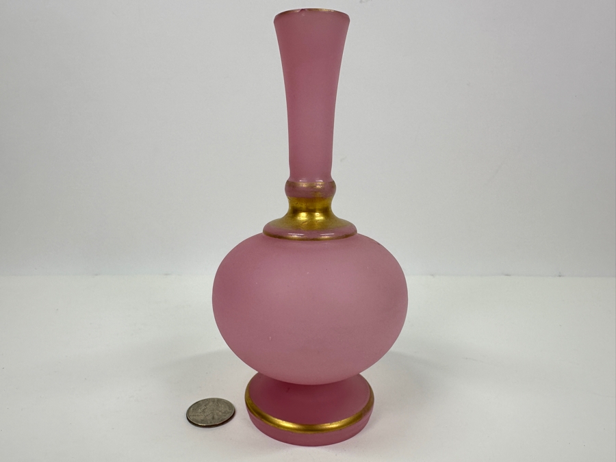 Antique Opaline Glass: Pink Bud Vase With Gold Decor 7'H Appraised $175 [Photo 3]