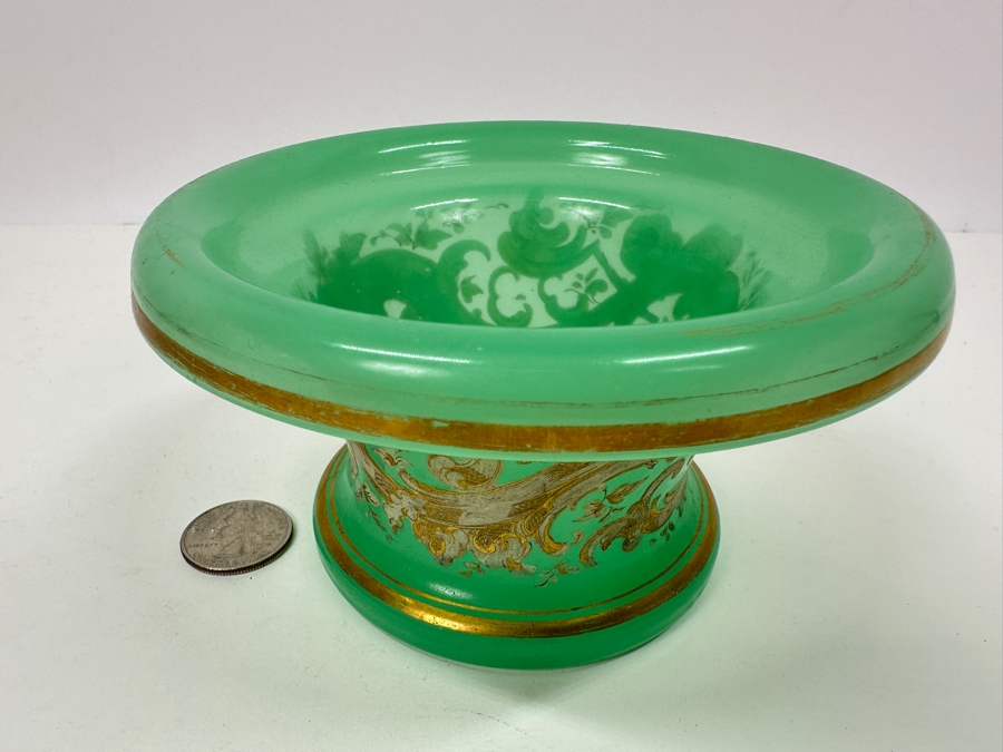 Antique Opaline Glass: Green Candy Dish With Gold & White Decor 5.25'W X 3'H Appraised $175 [Photo 4]