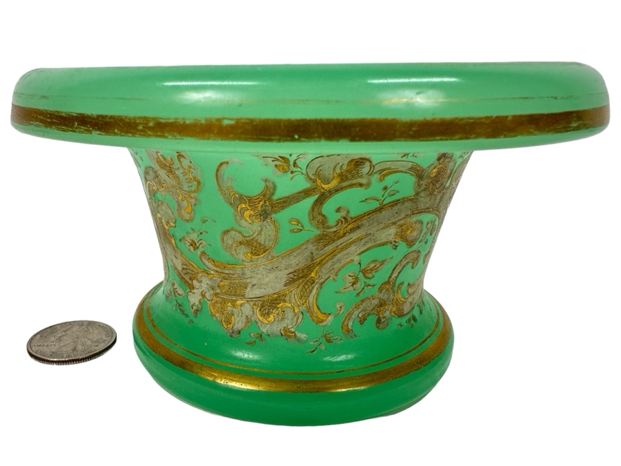 Antique Opaline Glass: Green Candy Dish With Gold & White Decor 5.25'W X 3'H Appraised $175 [Photo 1]