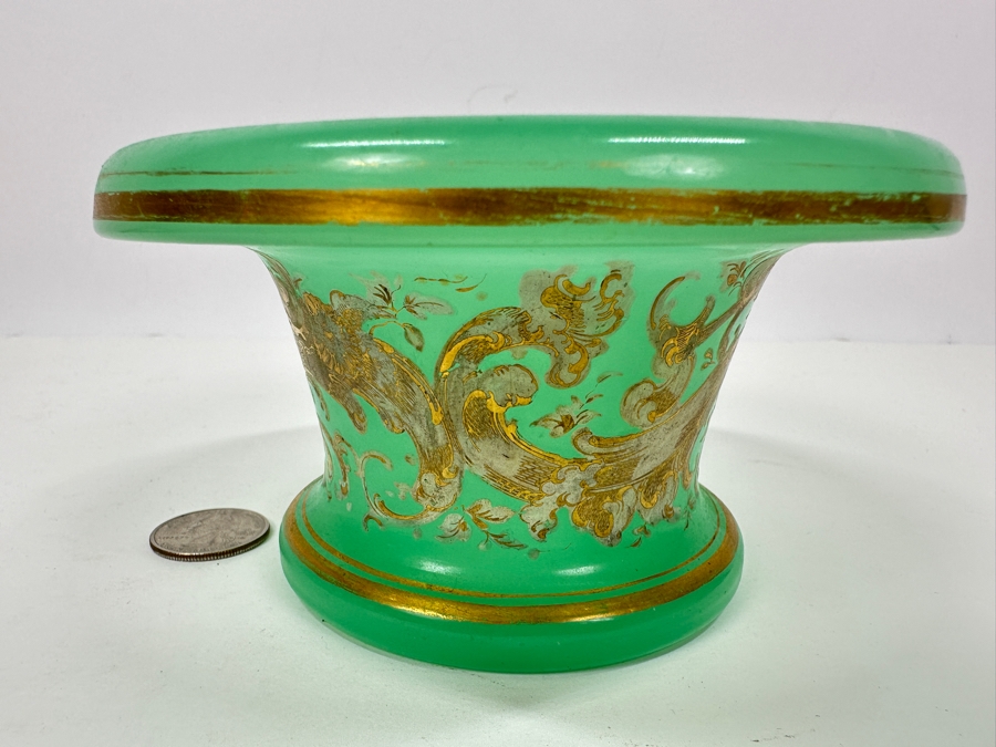 Antique Opaline Glass: Green Candy Dish With Gold & White Decor 5.25'W X 3'H Appraised $175 [Photo 7]
