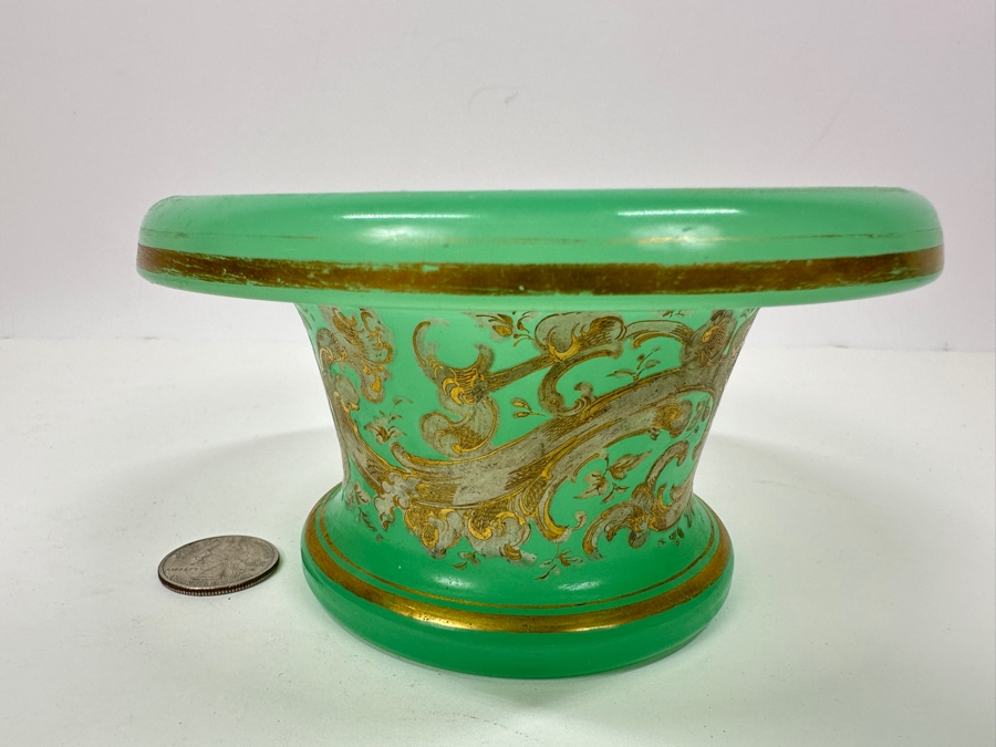 Antique Opaline Glass: Green Candy Dish With Gold & White Decor 5.25'W X 3'H Appraised $175 [Photo 3]