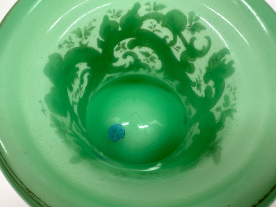 Antique Opaline Glass: Green Candy Dish With Gold & White Decor 5.25'W X 3'H Appraised $175 [Photo 9]