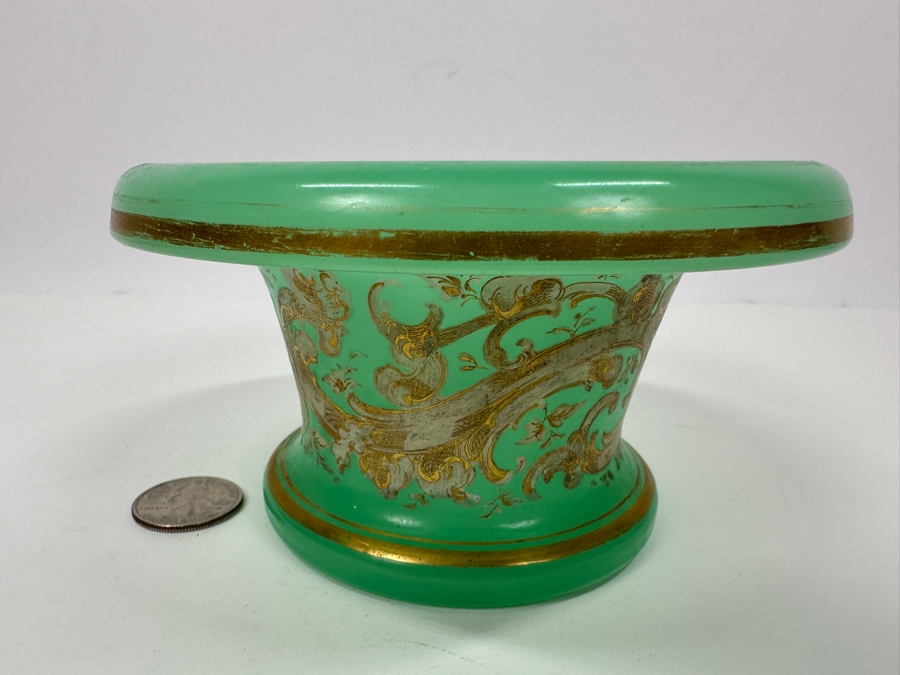 Antique Opaline Glass: Green Candy Dish With Gold & White Decor 5.25'W X 3'H Appraised $175 [Photo 2]