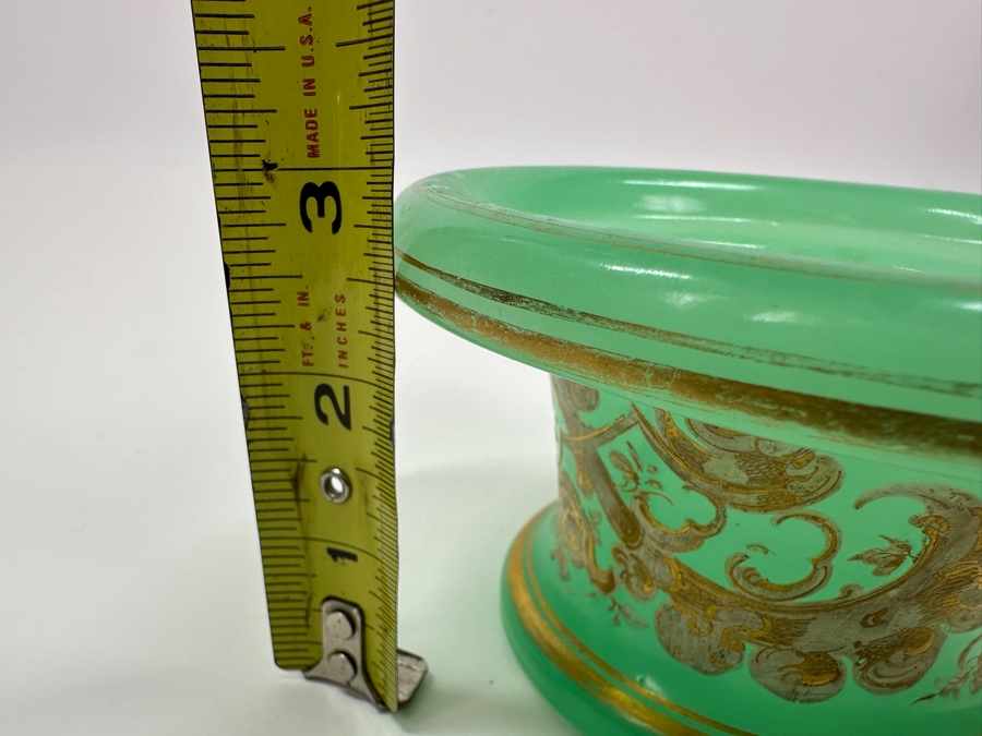 Antique Opaline Glass: Green Candy Dish With Gold & White Decor 5.25'W X 3'H Appraised $175 [Photo 11]