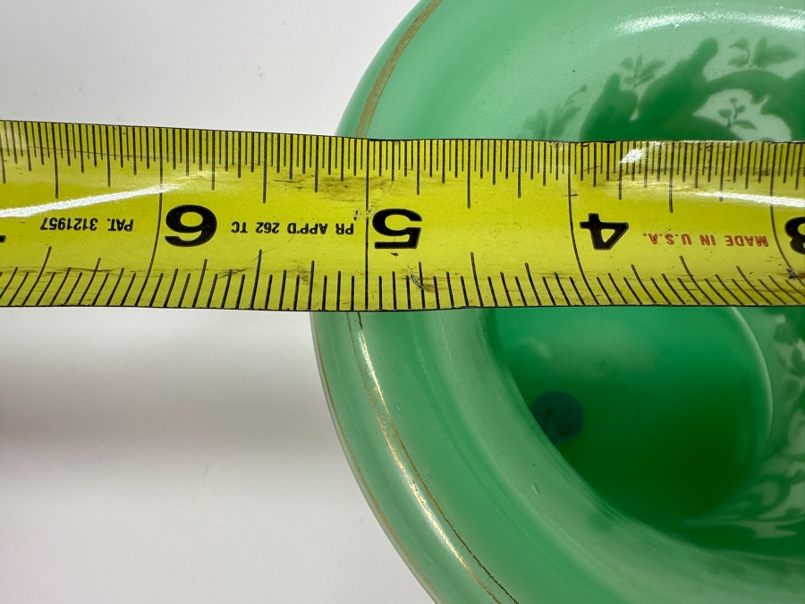 Antique Opaline Glass: Green Candy Dish With Gold & White Decor 5.25'W X 3'H Appraised $175 [Photo 10]