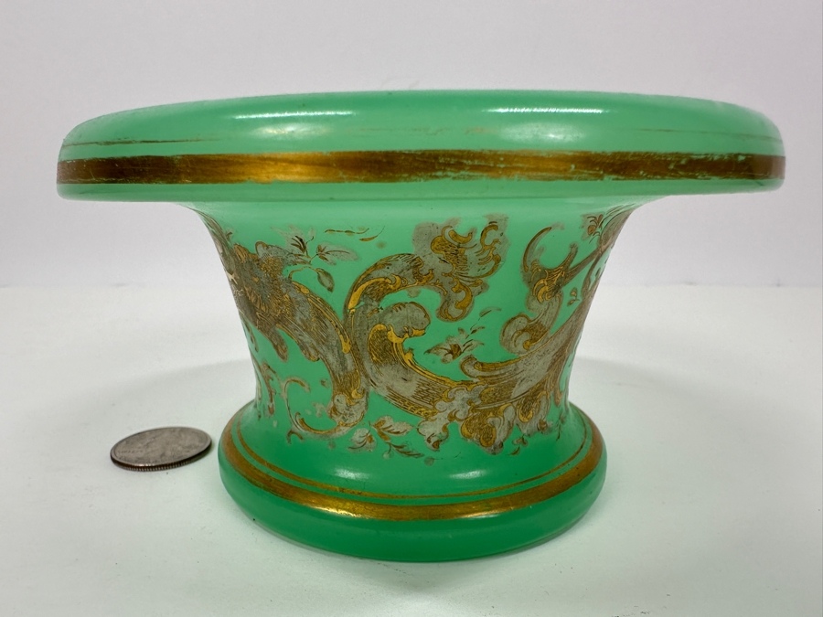 Antique Opaline Glass: Green Candy Dish With Gold & White Decor 5.25'W X 3'H Appraised $175 [Photo 6]