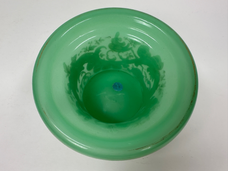 Antique Opaline Glass: Green Candy Dish With Gold & White Decor 5.25'W X 3'H Appraised $175 [Photo 5]