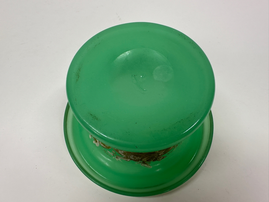 Antique Opaline Glass: Green Candy Dish With Gold & White Decor 5.25'W X 3'H Appraised $175 [Photo 13]