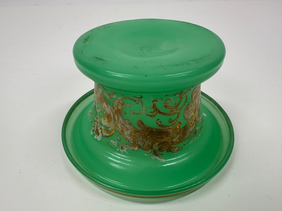 Antique Opaline Glass: Green Candy Dish With Gold & White Decor 5.25'W X 3'H Appraised $175 [Photo 12]