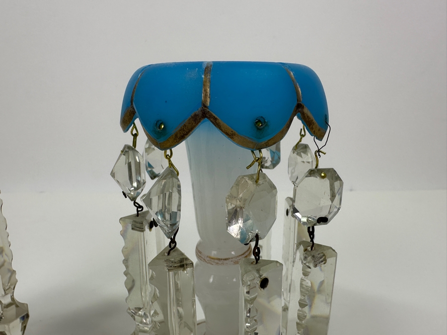 Antique Opaline Glass: White And Blue With Gold Decor Candle Holders Has Chips 6'H [Photo 8]