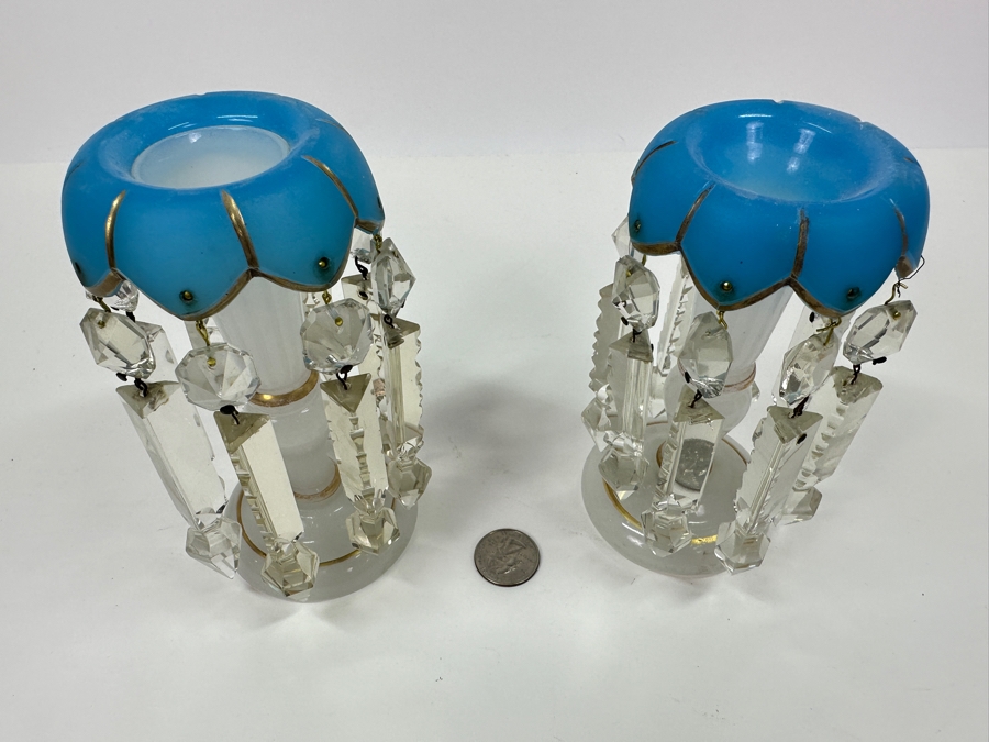 Antique Opaline Glass: White And Blue With Gold Decor Candle Holders Has Chips 6'H [Photo 4]