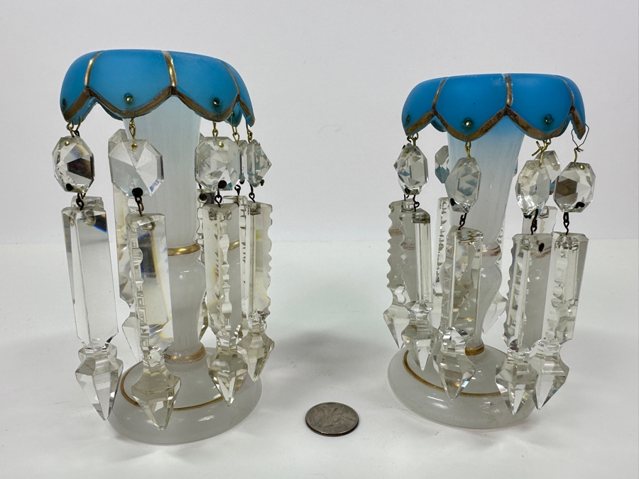 Antique Opaline Glass: White And Blue With Gold Decor Candle Holders Has Chips 6'H [Photo 3]