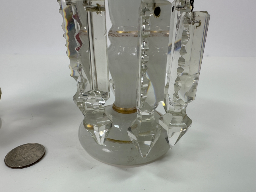 Antique Opaline Glass: White And Blue With Gold Decor Candle Holders Has Chips 6'H [Photo 9]