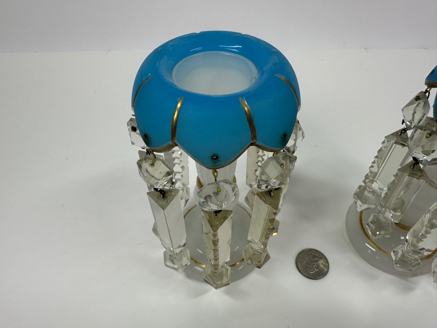 Antique Opaline Glass: White And Blue With Gold Decor Candle Holders ...