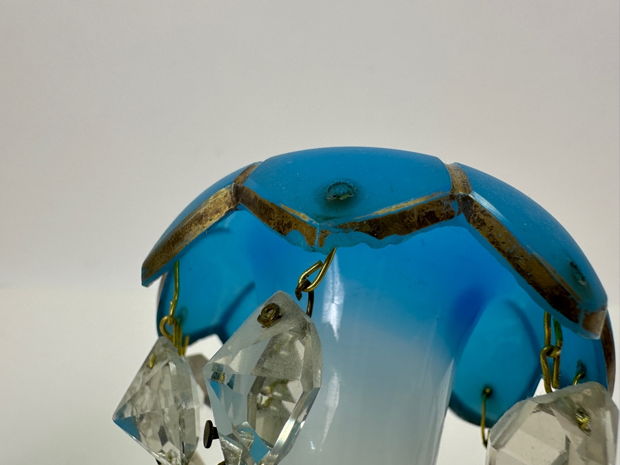 Antique Opaline Glass: White And Blue With Gold Decor Candle Holders Has Chips 6'H [Photo 12]