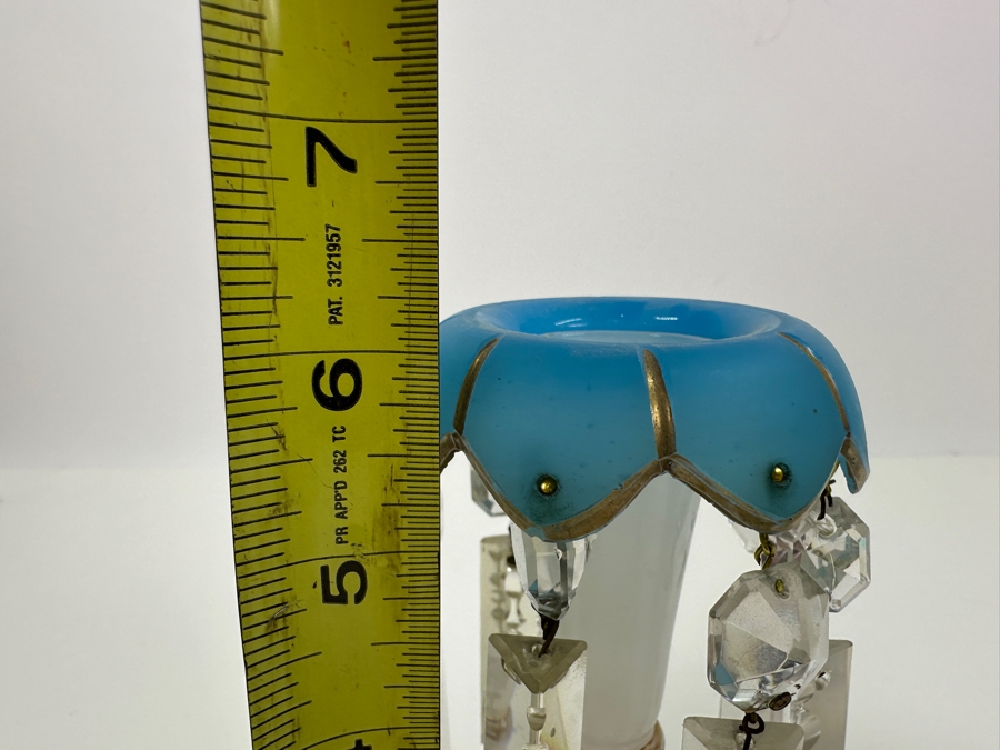 Antique Opaline Glass: White And Blue With Gold Decor Candle Holders Has Chips 6'H [Photo 13]