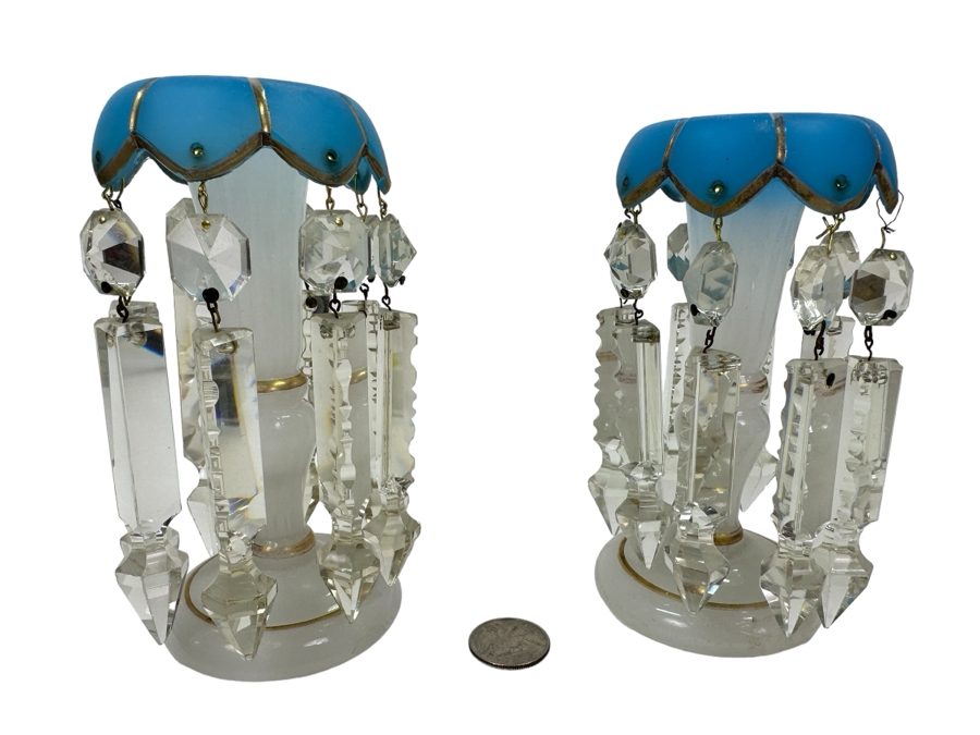 Antique Opaline Glass: White And Blue With Gold Decor Candle Holders Has Chips 6'H [Photo 1]