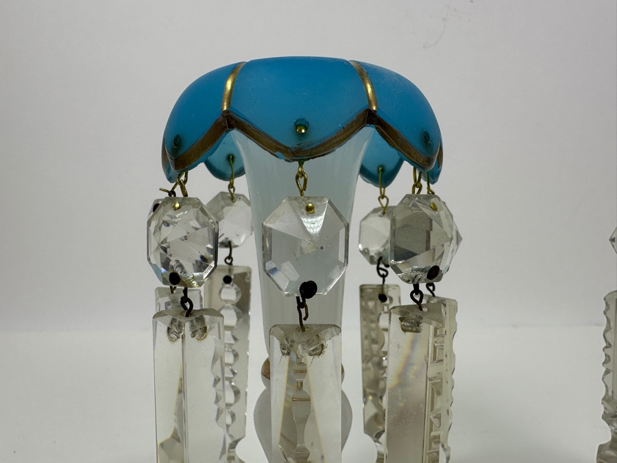 Antique Opaline Glass: White And Blue With Gold Decor Candle Holders Has Chips 6'H [Photo 7]