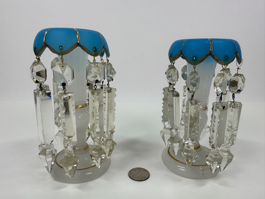 Antique Opaline Glass: White And Blue With Gold Decor Candle Holders Has Chips 6'H [Photo 2]