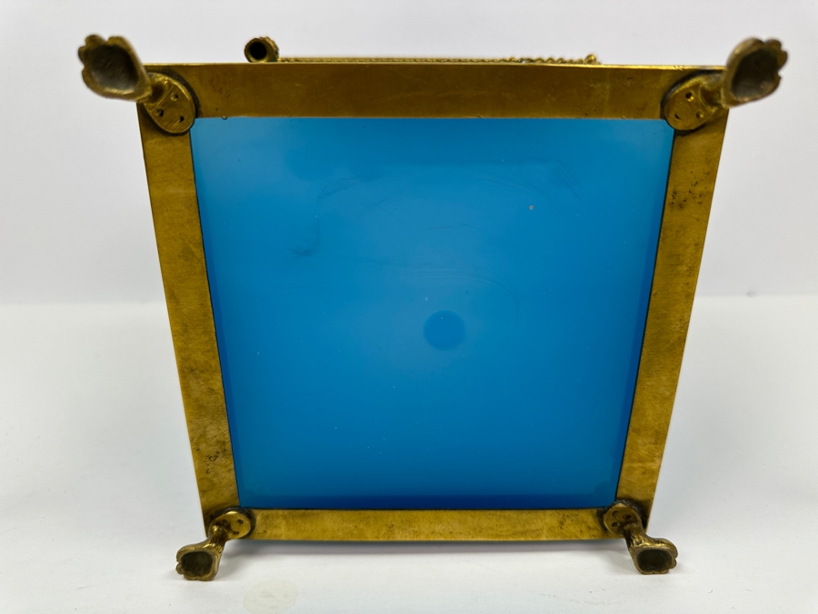 Antique Opaline Glass: Antique French Blue Opaline Glass Cube And Gilt Brass Paw Foot Cachepot Planter 6.5'W X 6.5'D X 6.5'H Estimate $1,400 [Photo 10]