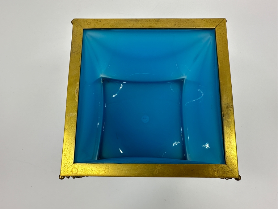 Antique Opaline Glass: Antique French Blue Opaline Glass Cube And Gilt Brass Paw Foot Cachepot Planter 6.5'W X 6.5'D X 6.5'H Estimate $1,400 [Photo 7]