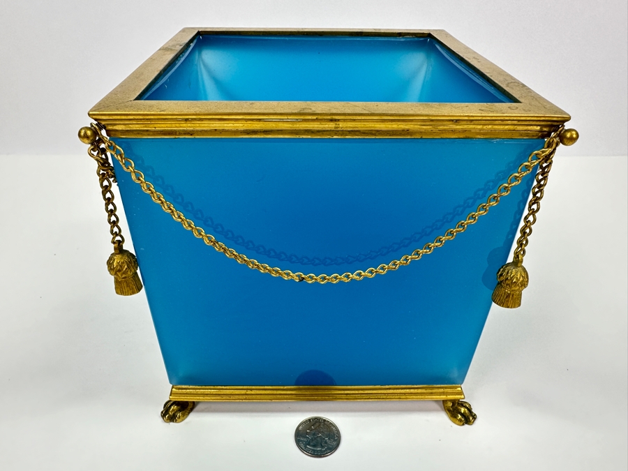 Antique Opaline Glass: Antique French Blue Opaline Glass Cube And Gilt Brass Paw Foot Cachepot Planter 6.5'W X 6.5'D X 6.5'H Estimate $1,400 [Photo 3]